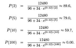 P(2) = 12480/96 + 34 * e^(0.12)*(2) = approx 89.6, P(5) = 12480/96 + 34 * e^(0.12)*(5) = approx 79.0, P(10) = 12480/96 + 34 * e^(0.12)*(10) = approx 59.7, P(100) = 12480/96 + 34 * e^(0.12)*(100) = approx 0.00, width=