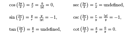 cos(3pi/2)=x/r=0/|y|=0, sin(3pi/2)=y/r=y/|y|=-1; tan (3pi/2) =y/x=undefined; sec(3pi/2)=r/x-undefined; csc(3pi/2) =r/y =|y|/y =-1; cot(3pi/2) = x/y= 0/y =0.