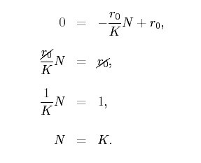 equation 1: 0=(-r0/K)N + r0; equation 2: (1/K)N = 1; equation 3 N=K.